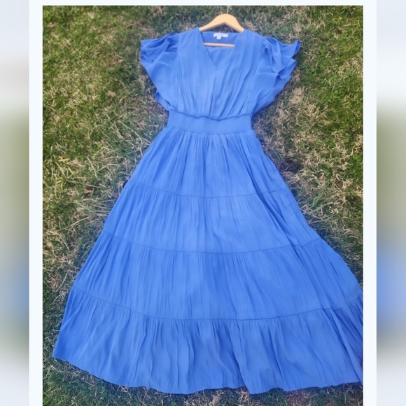 Chicos PETITE Flutter SLEEVE Tiered Elegant Blue Maxi Dress SZ 000 size Xs - Picture 1 of 8
